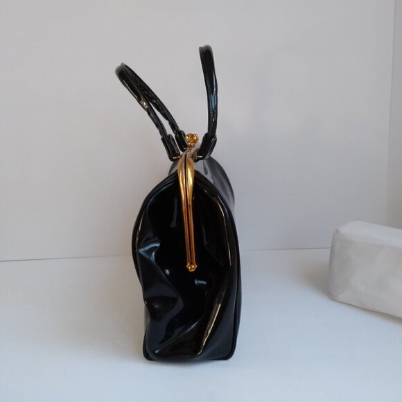 Vintage Black Sturdy Shiny Roomy Patent Gold Kiss Clasp Envelope Satchel Bag - Picture 2 of 15